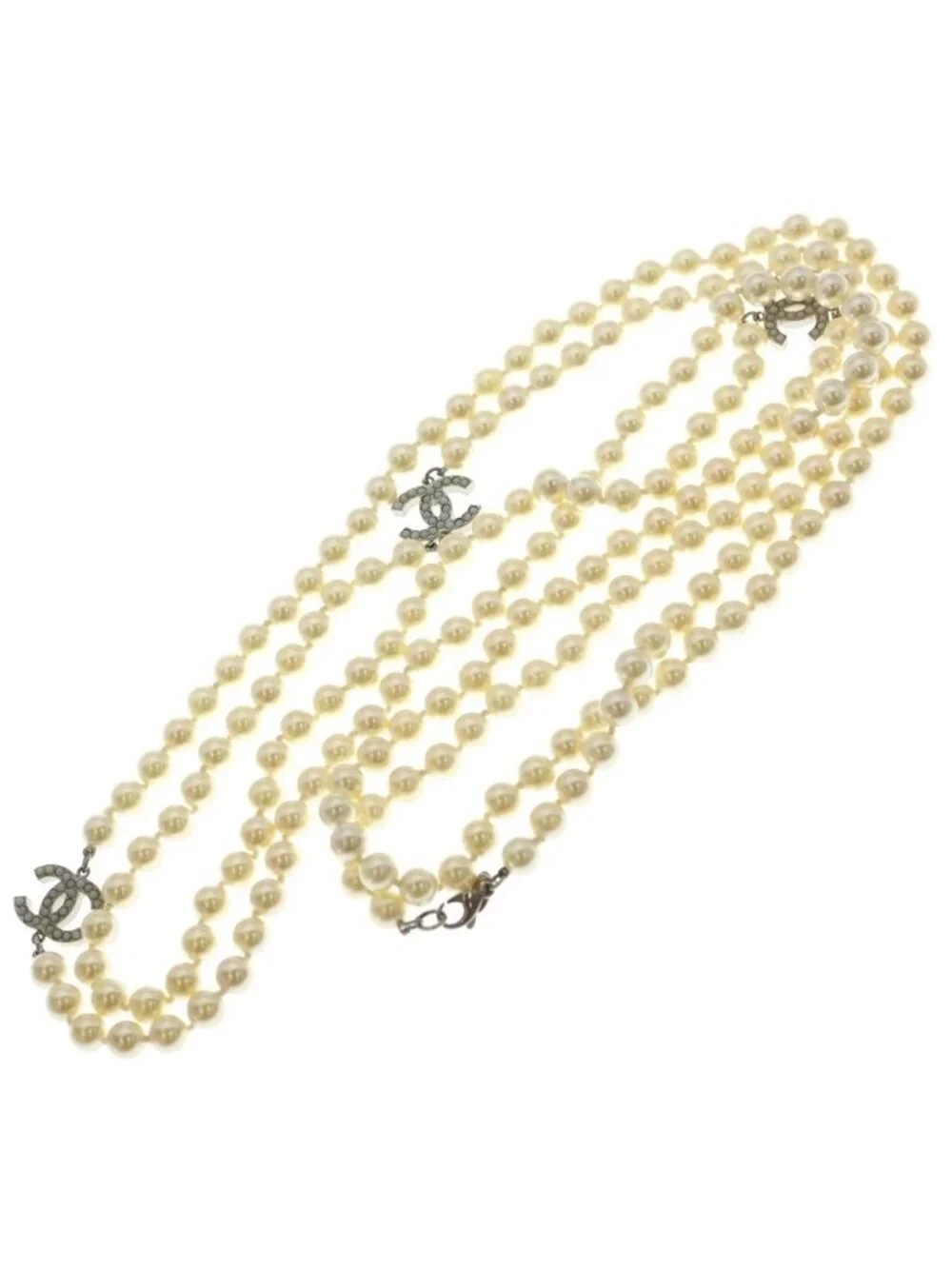 Chanel CC Logo Long Pearl Necklace White Gold White